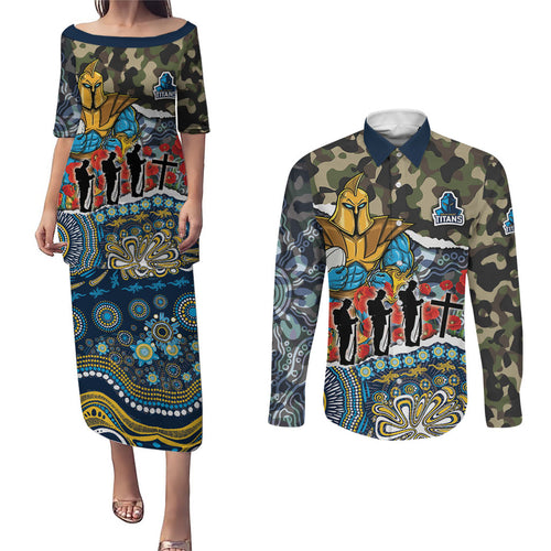 Personalized Gold Coast Titans ANZAC Couples Matching Puletasi and Long Sleeve Button Shirt Indigenous Camouflage Poppy Memorial Soldier Spartan