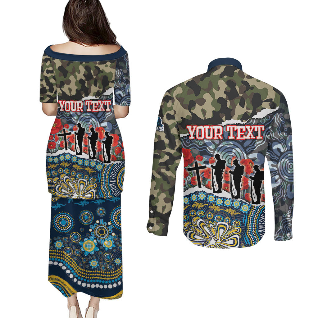 Personalized Gold Coast Titans ANZAC Couples Matching Puletasi and Long Sleeve Button Shirt Indigenous Camouflage Poppy Memorial Soldier Spartan