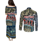 Personalized Gold Coast Titans ANZAC Couples Matching Puletasi and Long Sleeve Button Shirt Indigenous Camouflage Poppy Memorial Soldier Spartan