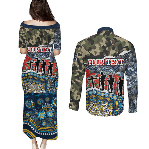 Personalized Gold Coast Titans ANZAC Couples Matching Puletasi and Long Sleeve Button Shirt Indigenous Camouflage Poppy Memorial Soldier Spartan