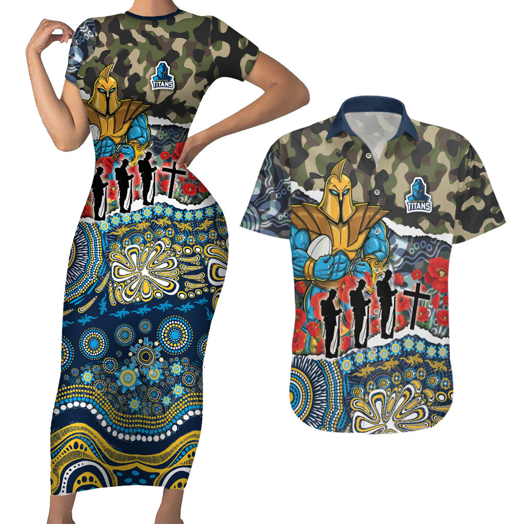 Personalized Gold Coast Titans ANZAC Couples Matching Short Sleeve Bodycon Dress and Hawaiian Shirt Indigenous Camouflage Poppy Memorial Soldier Spartan