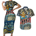 Personalized Gold Coast Titans ANZAC Couples Matching Short Sleeve Bodycon Dress and Hawaiian Shirt Indigenous Camouflage Poppy Memorial Soldier Spartan
