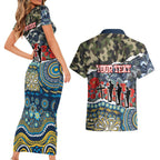 Personalized Gold Coast Titans ANZAC Couples Matching Short Sleeve Bodycon Dress and Hawaiian Shirt Indigenous Camouflage Poppy Memorial Soldier Spartan