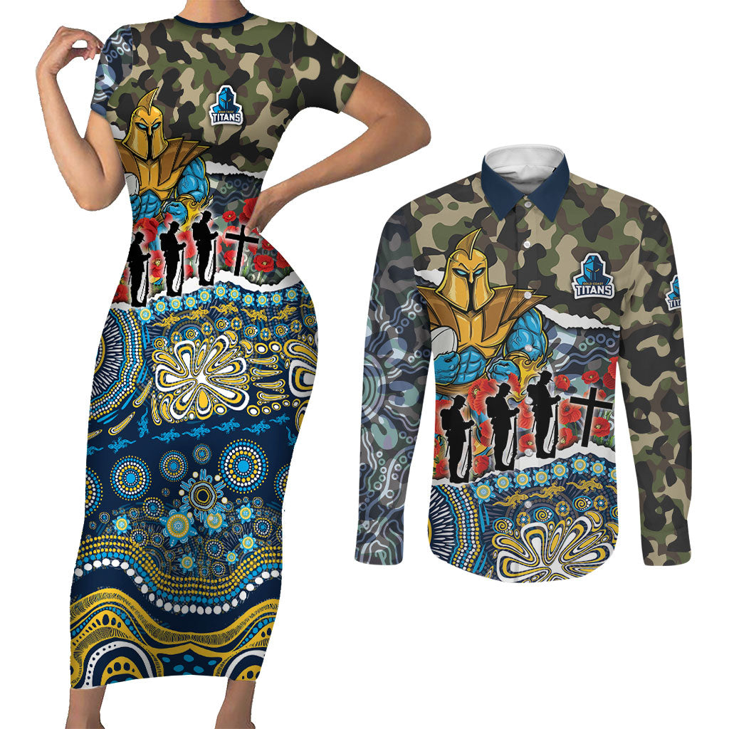 Personalized Gold Coast Titans ANZAC Couples Matching Short Sleeve Bodycon Dress and Long Sleeve Button Shirt Indigenous Camouflage Poppy Memorial Soldier Spartan