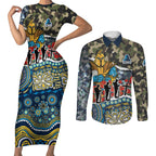 Personalized Gold Coast Titans ANZAC Couples Matching Short Sleeve Bodycon Dress and Long Sleeve Button Shirt Indigenous Camouflage Poppy Memorial Soldier Spartan