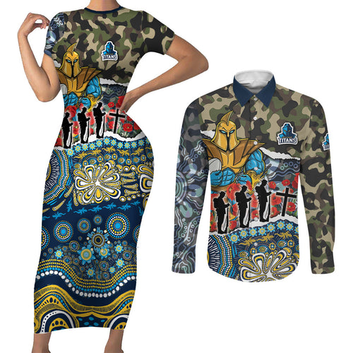 Personalized Gold Coast Titans ANZAC Couples Matching Short Sleeve Bodycon Dress and Long Sleeve Button Shirt Indigenous Camouflage Poppy Memorial Soldier Spartan