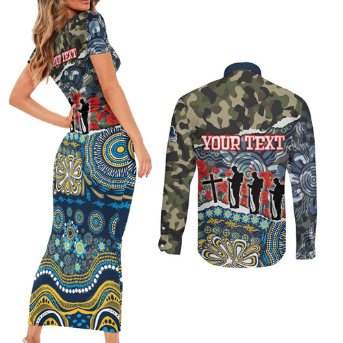 Personalized Gold Coast Titans ANZAC Couples Matching Short Sleeve Bodycon Dress and Long Sleeve Button Shirt Indigenous Camouflage Poppy Memorial Soldier Spartan