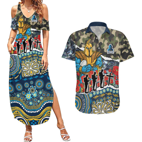 Personalized Gold Coast Titans ANZAC Couples Matching Summer Maxi Dress and Hawaiian Shirt Indigenous Camouflage Poppy Memorial Soldier Spartan