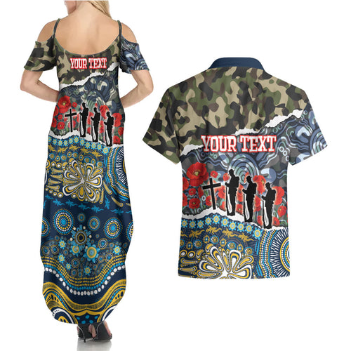 Personalized Gold Coast Titans ANZAC Couples Matching Summer Maxi Dress and Hawaiian Shirt Indigenous Camouflage Poppy Memorial Soldier Spartan