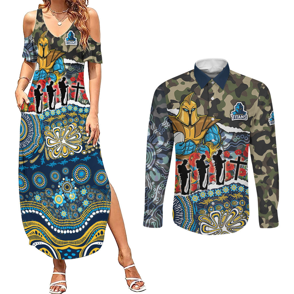 Personalized Gold Coast Titans ANZAC Couples Matching Summer Maxi Dress and Long Sleeve Button Shirt Indigenous Camouflage Poppy Memorial Soldier Spartan