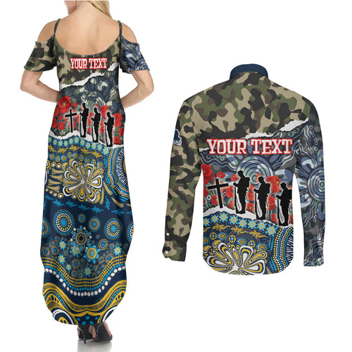 Personalized Gold Coast Titans ANZAC Couples Matching Summer Maxi Dress and Long Sleeve Button Shirt Indigenous Camouflage Poppy Memorial Soldier Spartan