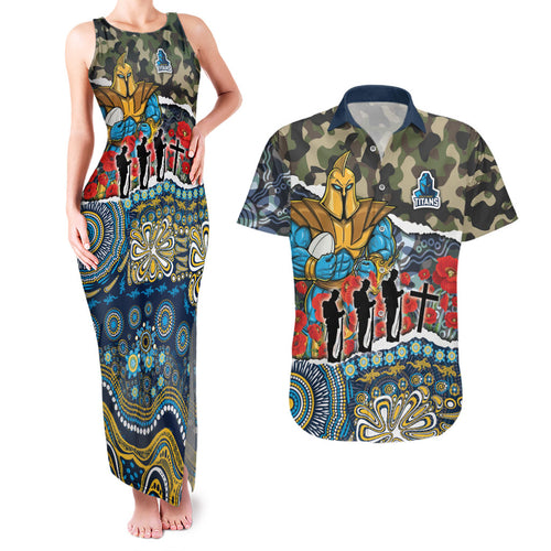 Personalized Gold Coast Titans ANZAC Couples Matching Tank Maxi Dress and Hawaiian Shirt Indigenous Camouflage Poppy Memorial Soldier Spartan