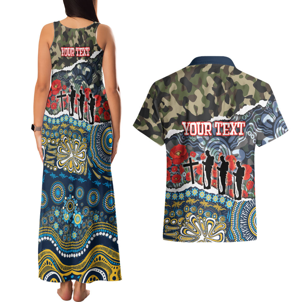 Personalized Gold Coast Titans ANZAC Couples Matching Tank Maxi Dress and Hawaiian Shirt Indigenous Camouflage Poppy Memorial Soldier Spartan