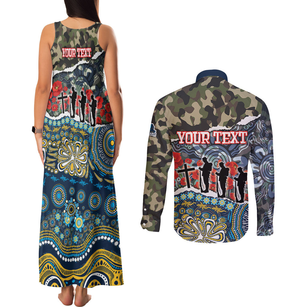 Personalized Gold Coast Titans ANZAC Couples Matching Tank Maxi Dress and Long Sleeve Button Shirt Indigenous Camouflage Poppy Memorial Soldier Spartan