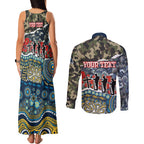Personalized Gold Coast Titans ANZAC Couples Matching Tank Maxi Dress and Long Sleeve Button Shirt Indigenous Camouflage Poppy Memorial Soldier Spartan