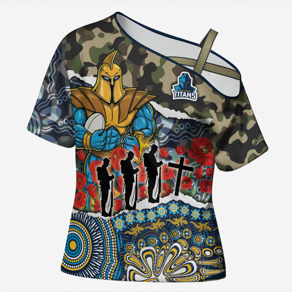 Personalized Gold Coast Titans ANZAC Cross Shoulder Shirt Indigenous Camouflage Poppy Memorial Soldier Spartan