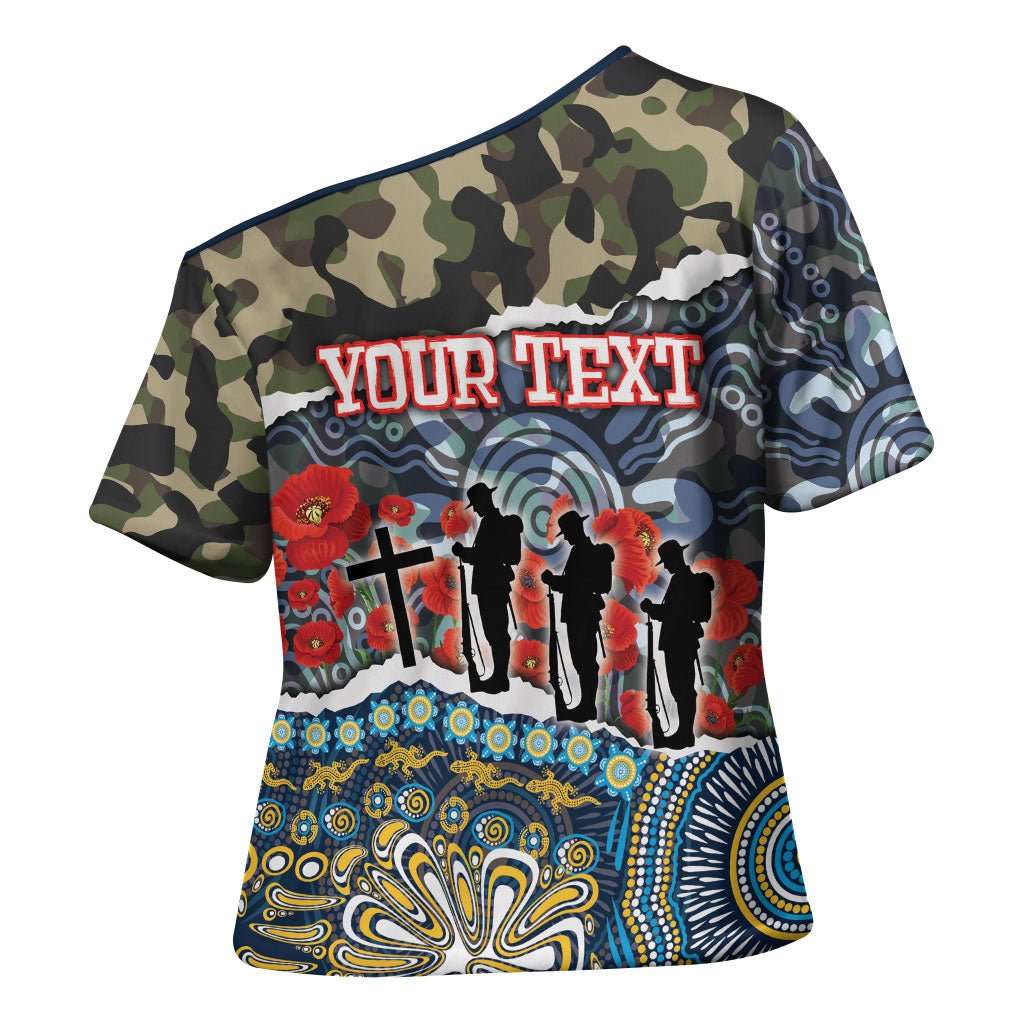 Personalized Gold Coast Titans ANZAC Cross Shoulder Shirt Indigenous Camouflage Poppy Memorial Soldier Spartan