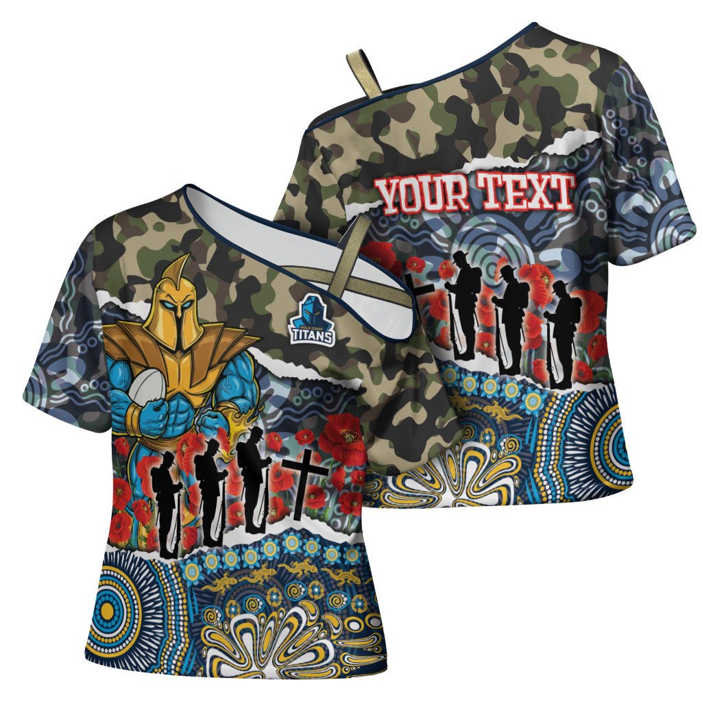 Personalized Gold Coast Titans ANZAC Cross Shoulder Shirt Indigenous Camouflage Poppy Memorial Soldier Spartan