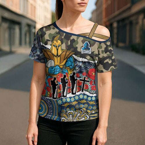 Personalized Gold Coast Titans ANZAC Cross Shoulder Shirt Indigenous Camouflage Poppy Memorial Soldier Spartan