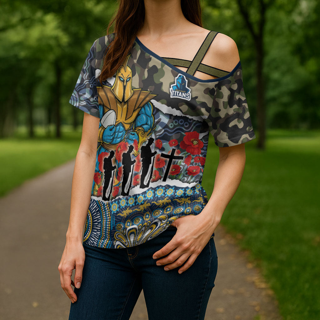 Personalized Gold Coast Titans ANZAC Cross Shoulder Shirt Indigenous Camouflage Poppy Memorial Soldier Spartan