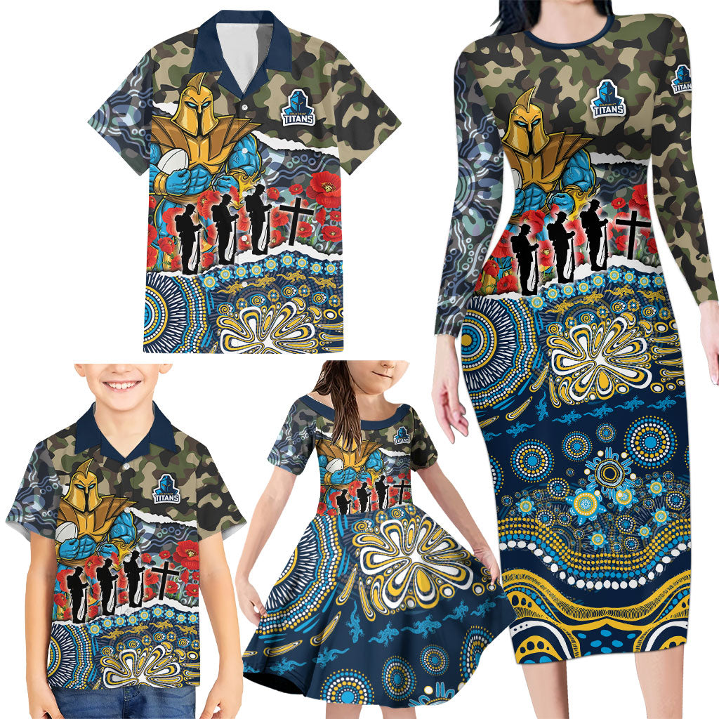 Personalized Gold Coast Titans ANZAC Family Matching Long Sleeve Bodycon Dress and Hawaiian Shirt Indigenous Camouflage Poppy Memorial Soldier Spartan