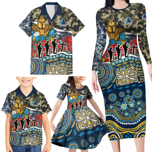 Personalized Gold Coast Titans ANZAC Family Matching Long Sleeve Bodycon Dress and Hawaiian Shirt Indigenous Camouflage Poppy Memorial Soldier Spartan