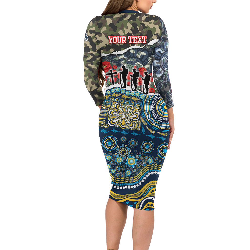 Personalized Gold Coast Titans ANZAC Family Matching Long Sleeve Bodycon Dress and Hawaiian Shirt Indigenous Camouflage Poppy Memorial Soldier Spartan