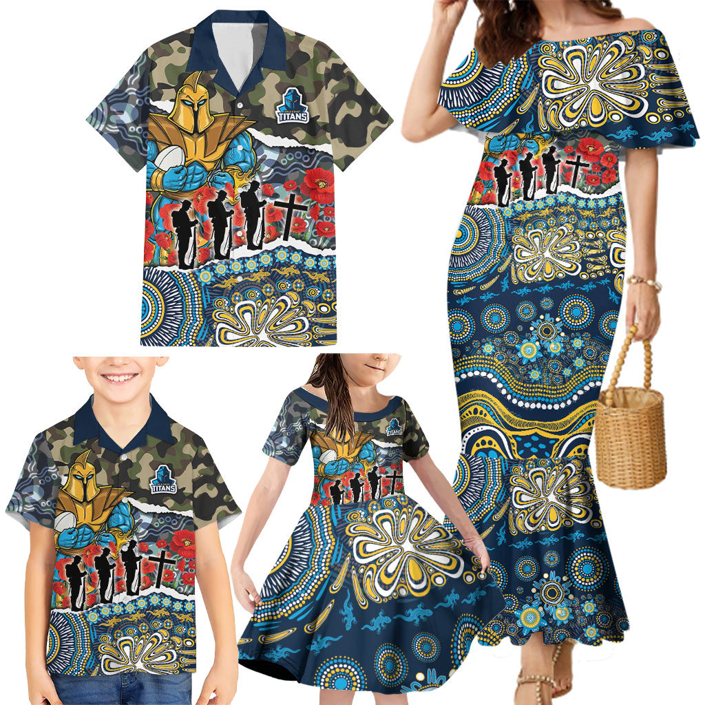 Personalized Gold Coast Titans ANZAC Family Matching Mermaid Dress and Hawaiian Shirt Indigenous Camouflage Poppy Memorial Soldier Spartan