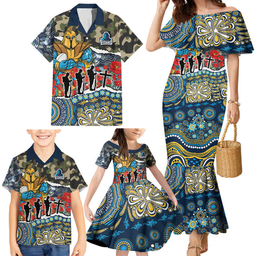 Personalized Gold Coast Titans ANZAC Family Matching Mermaid Dress and Hawaiian Shirt Indigenous Camouflage Poppy Memorial Soldier Spartan