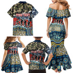 Personalized Gold Coast Titans ANZAC Family Matching Mermaid Dress and Hawaiian Shirt Indigenous Camouflage Poppy Memorial Soldier Spartan