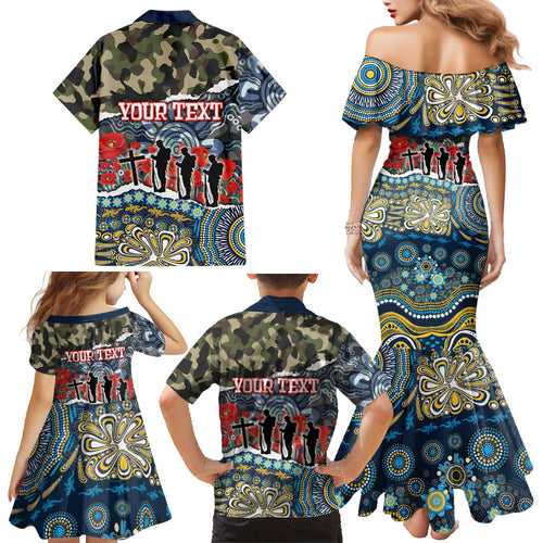Personalized Gold Coast Titans ANZAC Family Matching Mermaid Dress and Hawaiian Shirt Indigenous Camouflage Poppy Memorial Soldier Spartan