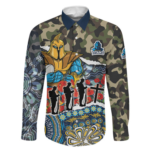 Personalized Gold Coast Titans ANZAC Family Matching Mermaid Dress and Hawaiian Shirt Indigenous Camouflage Poppy Memorial Soldier Spartan