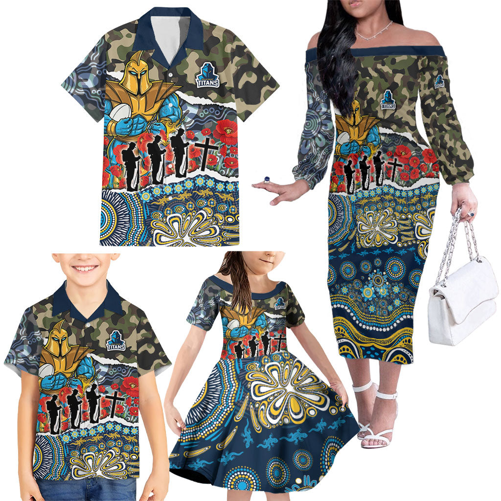 Personalized Gold Coast Titans ANZAC Family Matching Off The Shoulder Long Sleeve Dress and Hawaiian Shirt Indigenous Camouflage Poppy Memorial Soldier Spartan