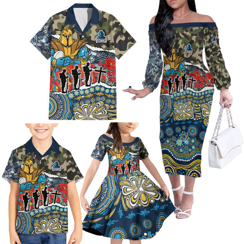 Personalized Gold Coast Titans ANZAC Family Matching Off The Shoulder Long Sleeve Dress and Hawaiian Shirt Indigenous Camouflage Poppy Memorial Soldier Spartan