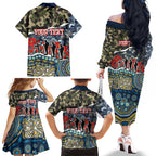 Personalized Gold Coast Titans ANZAC Family Matching Off The Shoulder Long Sleeve Dress and Hawaiian Shirt Indigenous Camouflage Poppy Memorial Soldier Spartan