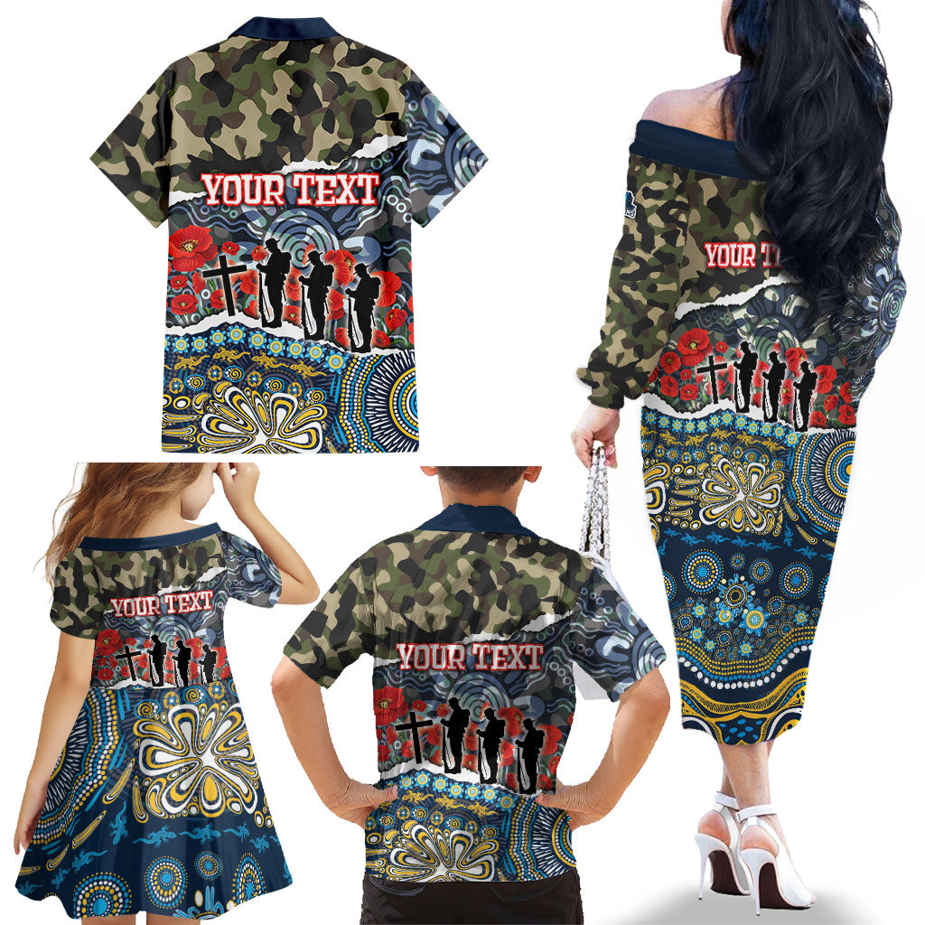 Personalized Gold Coast Titans ANZAC Family Matching Off The Shoulder Long Sleeve Dress and Hawaiian Shirt Indigenous Camouflage Poppy Memorial Soldier Spartan