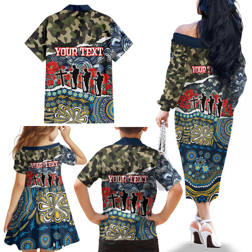 Personalized Gold Coast Titans ANZAC Family Matching Off The Shoulder Long Sleeve Dress and Hawaiian Shirt Indigenous Camouflage Poppy Memorial Soldier Spartan