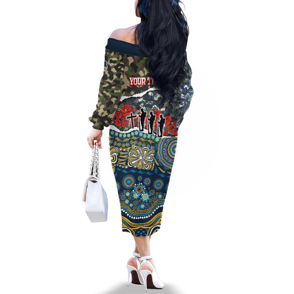 Personalized Gold Coast Titans ANZAC Family Matching Off The Shoulder Long Sleeve Dress and Hawaiian Shirt Indigenous Camouflage Poppy Memorial Soldier Spartan