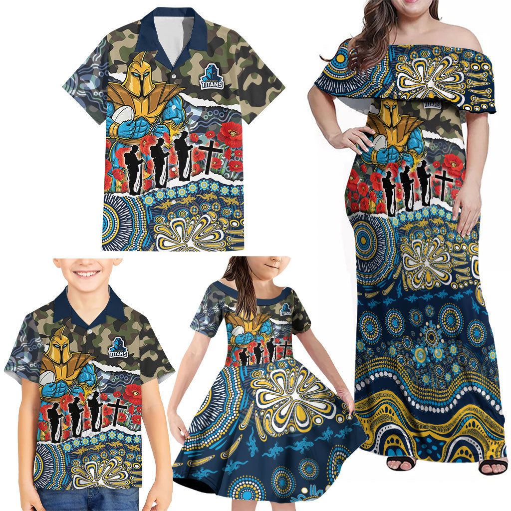 Personalized Gold Coast Titans ANZAC Family Matching Off Shoulder Maxi Dress and Hawaiian Shirt Indigenous Camouflage Poppy Memorial Soldier Spartan