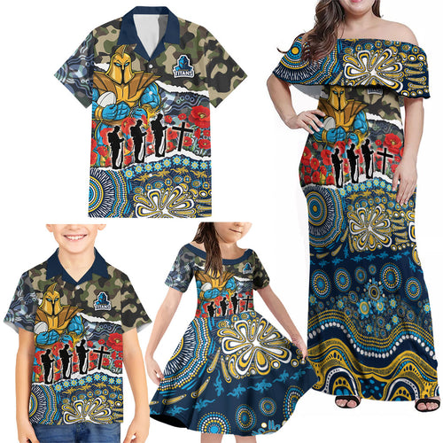 Personalized Gold Coast Titans ANZAC Family Matching Off Shoulder Maxi Dress and Hawaiian Shirt Indigenous Camouflage Poppy Memorial Soldier Spartan