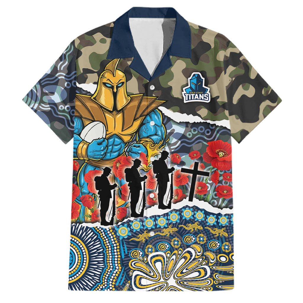 Personalized Gold Coast Titans ANZAC Family Matching Off Shoulder Maxi Dress and Hawaiian Shirt Indigenous Camouflage Poppy Memorial Soldier Spartan