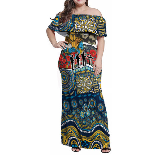 Personalized Gold Coast Titans ANZAC Family Matching Off Shoulder Maxi Dress and Hawaiian Shirt Indigenous Camouflage Poppy Memorial Soldier Spartan