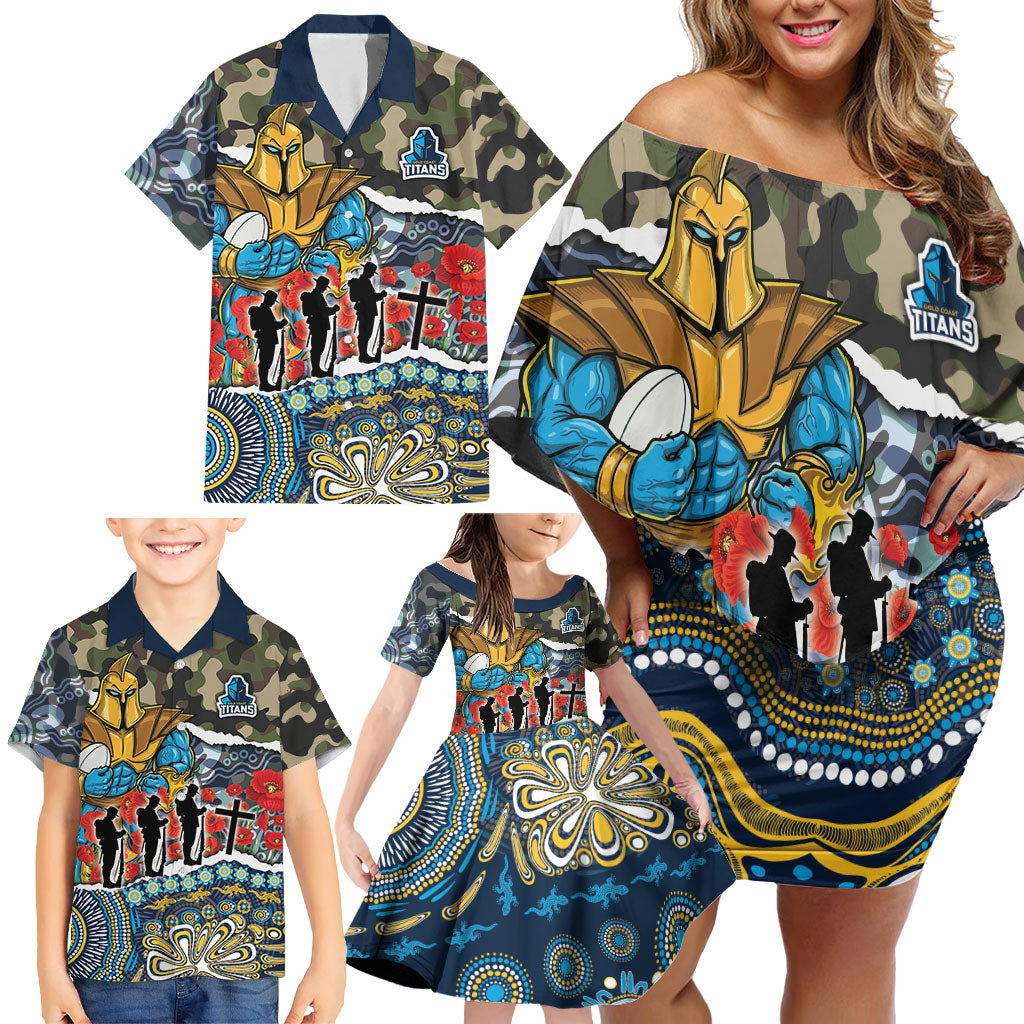 Personalized Gold Coast Titans ANZAC Family Matching Off Shoulder Short Dress and Hawaiian Shirt Indigenous Camouflage Poppy Memorial Soldier Spartan