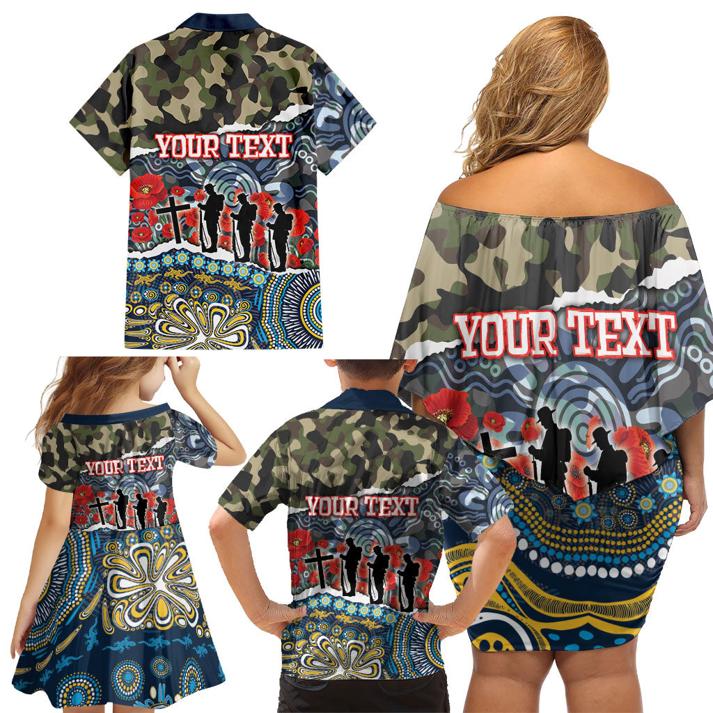 Personalized Gold Coast Titans ANZAC Family Matching Off Shoulder Short Dress and Hawaiian Shirt Indigenous Camouflage Poppy Memorial Soldier Spartan