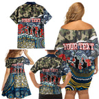 Personalized Gold Coast Titans ANZAC Family Matching Off Shoulder Short Dress and Hawaiian Shirt Indigenous Camouflage Poppy Memorial Soldier Spartan