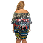 Personalized Gold Coast Titans ANZAC Family Matching Off Shoulder Short Dress and Hawaiian Shirt Indigenous Camouflage Poppy Memorial Soldier Spartan