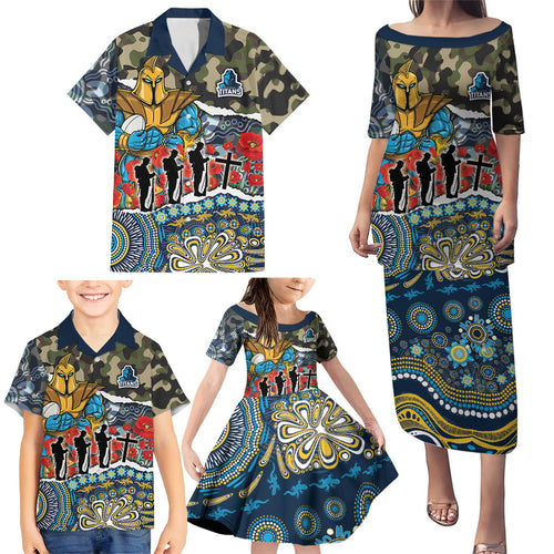 Personalized Gold Coast Titans ANZAC Family Matching Puletasi and Hawaiian Shirt Indigenous Camouflage Poppy Memorial Soldier Spartan