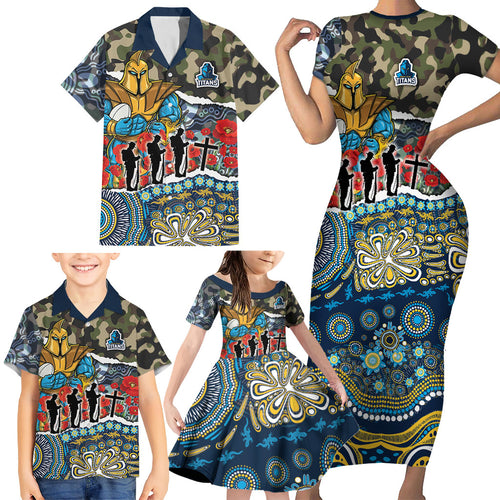 Personalized Gold Coast Titans ANZAC Family Matching Short Sleeve Bodycon Dress and Hawaiian Shirt Indigenous Camouflage Poppy Memorial Soldier Spartan