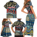 Personalized Gold Coast Titans ANZAC Family Matching Short Sleeve Bodycon Dress and Hawaiian Shirt Indigenous Camouflage Poppy Memorial Soldier Spartan
