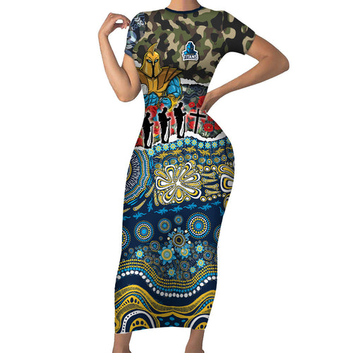 Personalized Gold Coast Titans ANZAC Family Matching Short Sleeve Bodycon Dress and Hawaiian Shirt Indigenous Camouflage Poppy Memorial Soldier Spartan